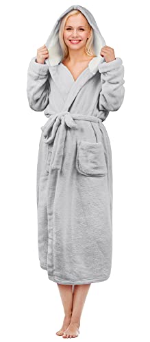 Hooded Sherpa Robe Long Plush Fuzzy Bathrobe for Women with Hood Sherpa Lined Grey